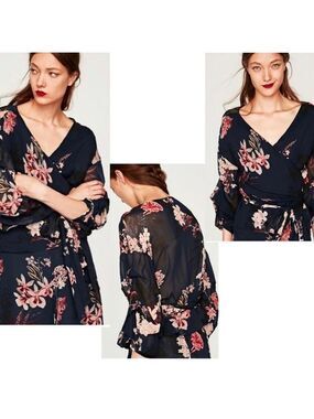 ZARA navy blue pink floral flower chiffon wrap blouse side tie Sz XS